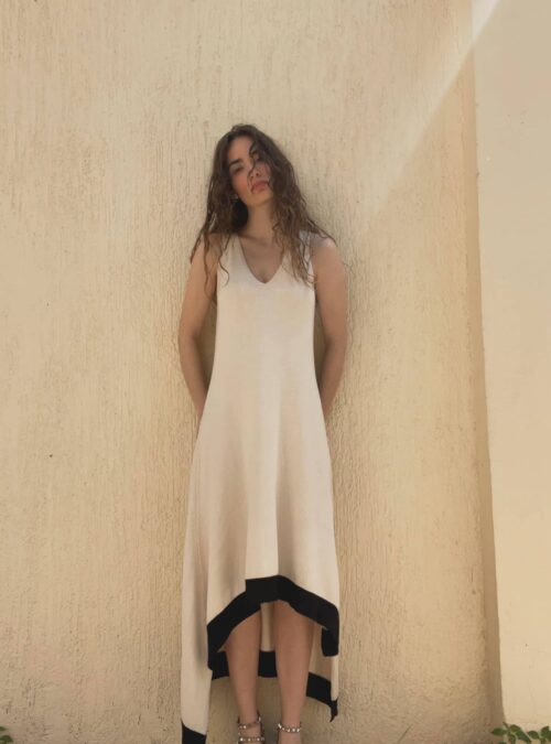 Antidote_knitwear_dress_assymetric_ve_neck_ecru_lurex_details_exclusive_spring_summer_2023_collection_fashion_style_resort