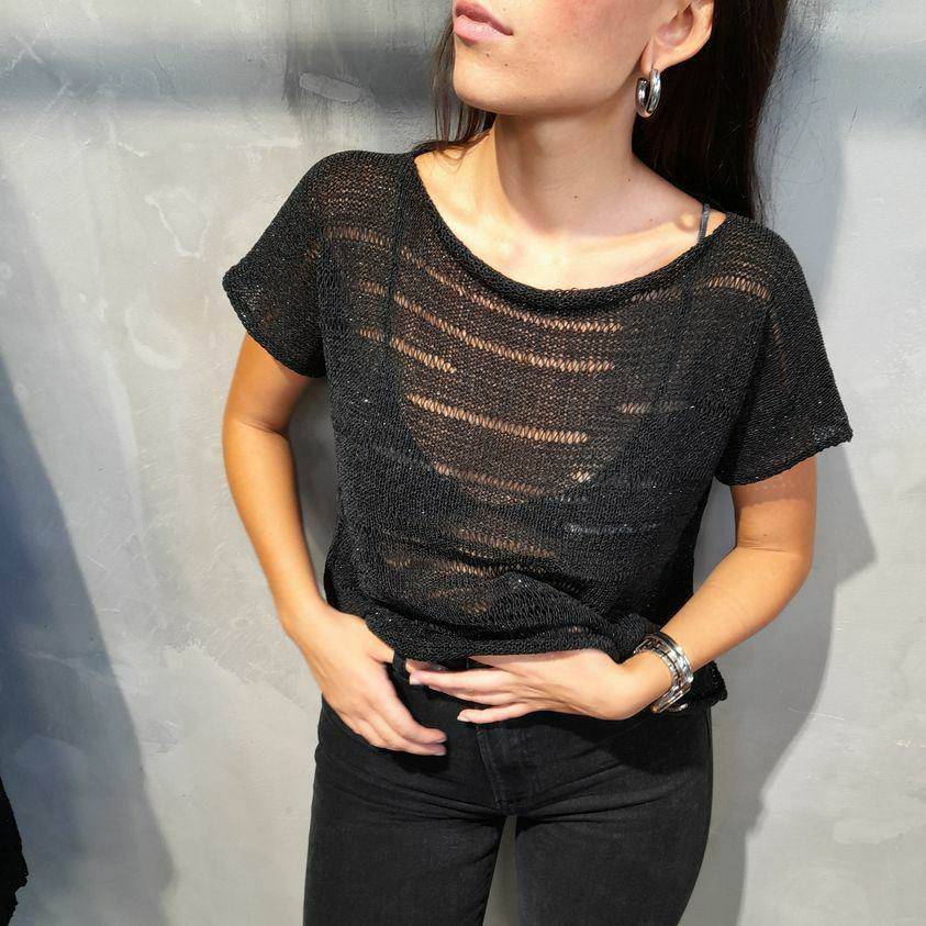 Knitted_blouse_smile_neck_cotton_metal_summer_spring_collection_2023_black-ecru_knitwear_exclusive_top_greek_designers