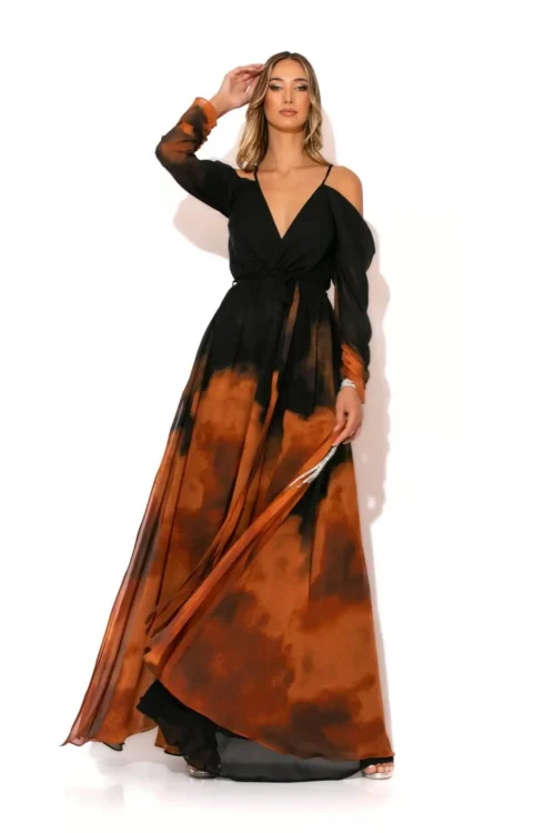 C-THROU Off The Shoulder Draped Maxi Printed Dress