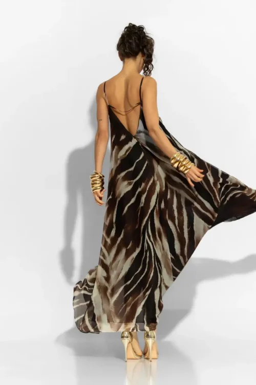 C-throu Chiffon Animal Brown Dress