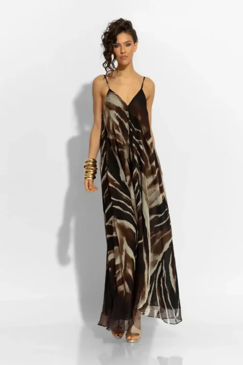 C-throu Chiffon Animal Brown Dress