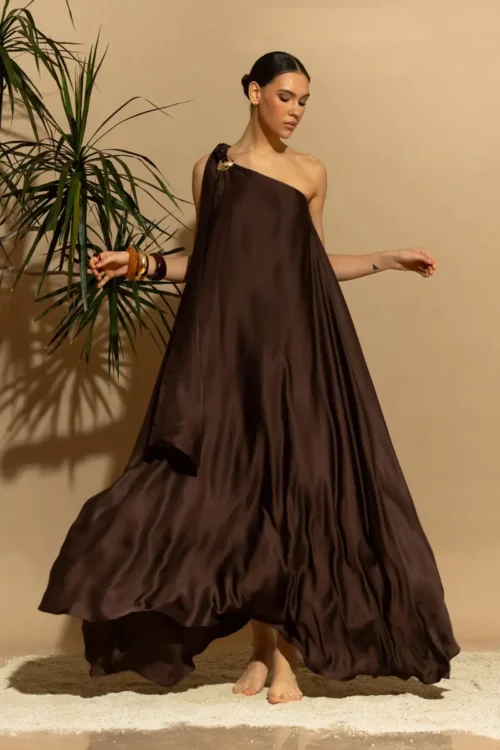 C-throu One Shoulder Satin Dress